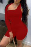 Red Sexy Casual Solid Hollowed Out Asymmetrical Oblique Collar Skinny Romper