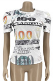White Fashion Casual Print Basic O Neck T-Shirts