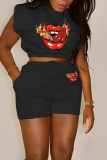 Fluorescent Color Casual Print Patchwork O Neck Short Sleeve Two Pieces