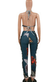 Deep Blue Sexy Print Tassel Patchwork Frenulum Backless Halter Sleeveless Two Pieces