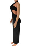 Black Sexy Solid Patchwork Backless Halter Sleeveless Two Pieces