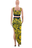 Yellow Sexy Animal Print High Opening U Neck Sleeveless Two Pieces