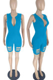 Blue Casual Solid Hollowed Out Patchwork Zipper O Neck Skinny Rompers