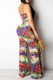 Multicolor Fashion Sexy Print Backless Spaghetti Strap Regular Jumpsuits