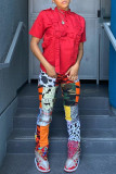 Purple Fashion Casual Print Patchwork Regular High Waist Trousers