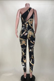 Black Fashion Sexy Print Hollowed Out Backless One Shoulder Skinny Jumpsuits
