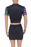 Red Street Striped Print Patchwork O Neck Short Sleeve Two Pieces