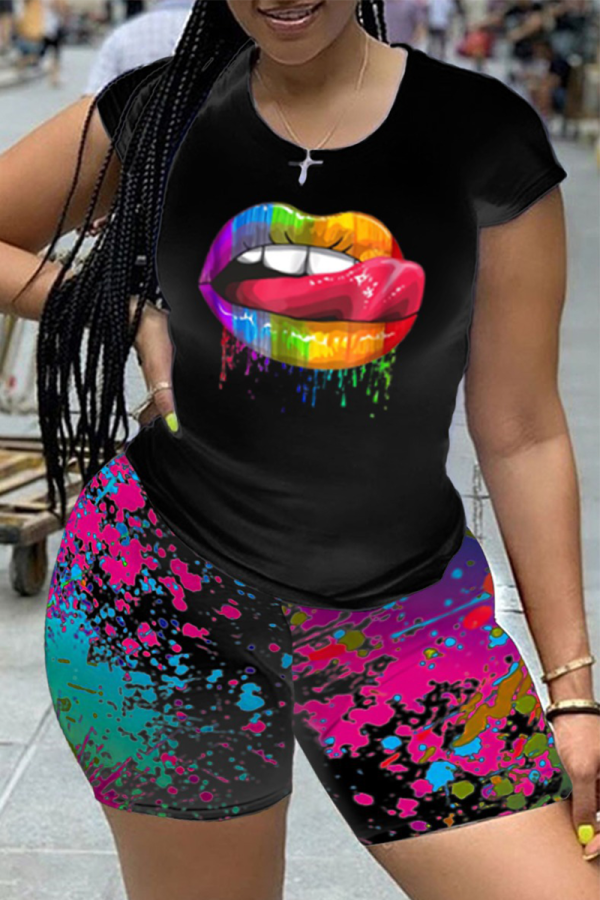 Black Casual Print Split Joint O Neck Short Sleeve Two Pieces