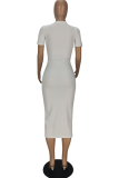 White Sexy Solid Buckle V Neck Pencil Skirt Dresses