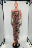 Brown Fashion Sexy Print Leopard Backless Strapless Sleeveless Dress
