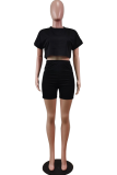 Yellow Casual Solid Patchwork O Neck Short Sleeve Two Pieces