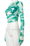Green Sexy Print Hollowed Out Patchwork O Neck Tops