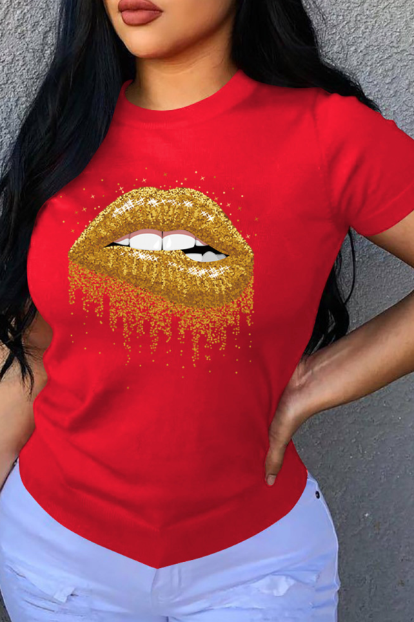 Red Casual Print Patchwork O Neck T-Shirts