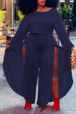Navy Blue Casual Solid Split Joint One Shoulder Plus Size Two Pieces