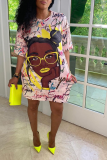 Pink Street Print Patchwork O Neck Straight Dresses
