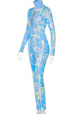 Blue Street Print Hollowed Out Patchwork Metal Accessories Decoration Turtleneck Long Sleeve Two Pieces