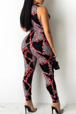 Pink Sexy Print Patchwork Frenulum V Neck Skinny Jumpsuits
