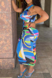 Blue Sexy Print Patchwork Draw String V Neck Sleeveless Two Pieces