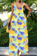 Blue Yellow Sexy Casual Print Backless Spaghetti Strap Long Dress