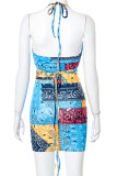 Multicolor Sexy Print Patchwork Draw String Frenulum Fold Halter Sleeveless Two Pieces