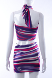 Purple Sexy Striped Patchwork Halter Sleeveless Two Pieces