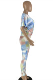 Multicolor Fashion Casual Print Tie Dye Basic O Neck Short Sleeve Two Pieces