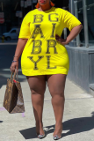 Yellow Casual Print Split Joint O Neck Pencil Skirt Plus Size Dresses