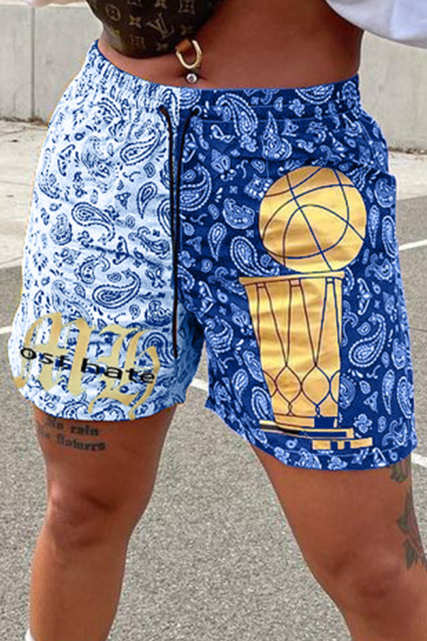 Blue Casual Print Patchwork Straight Mid Waist Straight Full Print Bottoms