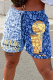 Blue Casual Print Patchwork Straight Mid Waist Straight Full Print Bottoms