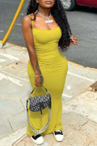 Yellow Sexy Solid Split Joint Spaghetti Strap Pencil Skirt Dresses