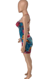 Blue Pink Sexy Print Patchwork Spaghetti Strap Skinny Rompers