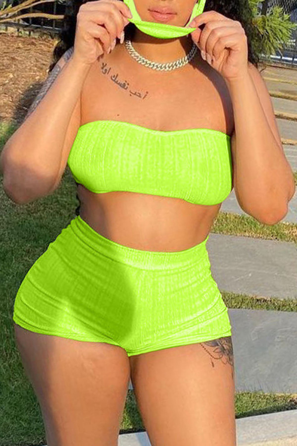 Green Simplicity Solid Strapless Sleeveless Two Pieces（with a mask）