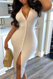White Sexy Solid Buckle V Neck Pencil Skirt Dresses
