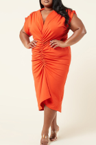 Red Sexy Solid Split Joint V Neck Pleated Plus Size Dresses
