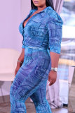 Light Blue Fashion Casual Print Basic Turndown Collar Long Sleeve Two Pieces