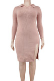 Pink Fashion Casual Solid Slit Turndown Collar Long Sleeve Dresses