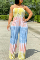 Yellow Sexy Print Split Joint Strapless Straight Jumpsuits