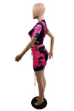 Rose Red Fashion Tie Dye Printing O Neck Short Sleeve Two Pieces