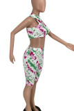 Cyan Casual Print Hollowed Out Patchwork O Neck Sleeveless Two Pieces