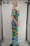 Green Fashion Casual Print Backless Off the Shoulder Regular Jumpsuits