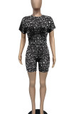 Leopard Print Casual Print Patchwork O Neck Short Sleeve Two Pieces