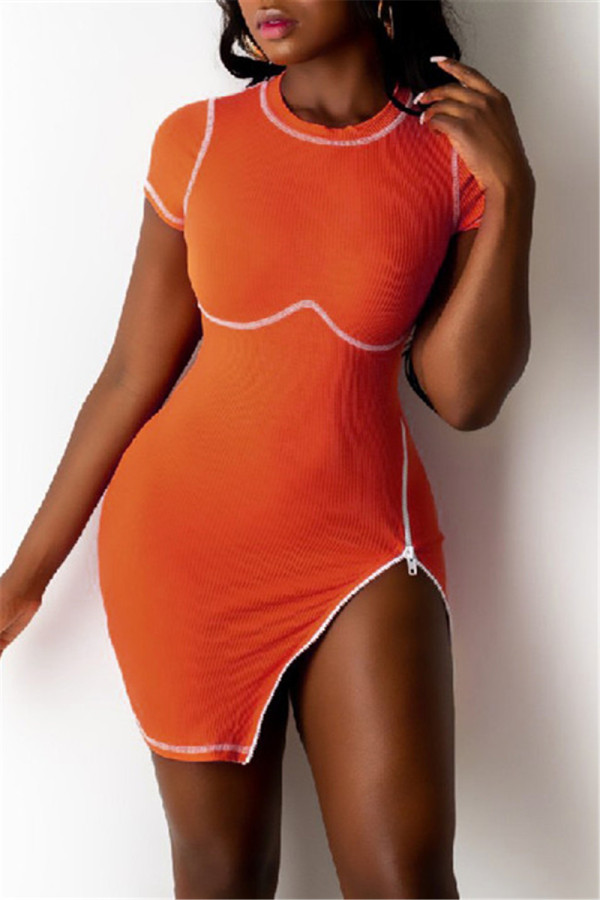 Orange Sexy Casual Print Slit O Neck Short Sleeve Dress