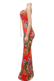 Red Sexy Print High Opening Strapless Trumpet Mermaid Dresses