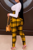 Yellow Casual Plaid Print Split Joint O Neck Long Sleeve Two Pieces