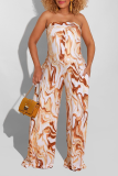 Brown Casual Print Patchwork Strapless Straight Jumpsuits
