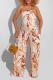Brown Casual Print Patchwork Strapless Straight Jumpsuits