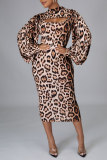 Leopard Print Fashion Sexy Print Leopard Hollowed Out Half A Turtleneck Long Sleeve Two Pieces