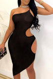 Red Sexy Solid Hollowed Out One Shoulder Pencil Skirt Dresses