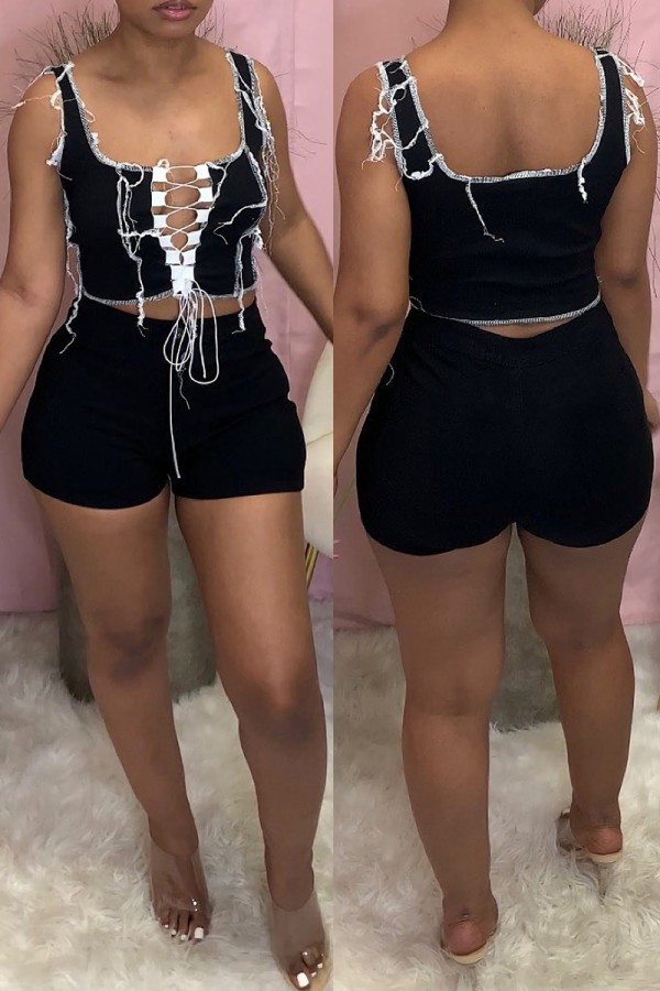 Black Sexy Casual Solid Bandage Hollowed Out U Neck Sleeveless Two Pieces