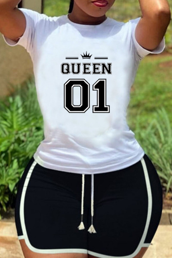 White Casual Print Patchwork O Neck Short Sleeve Two Pieces